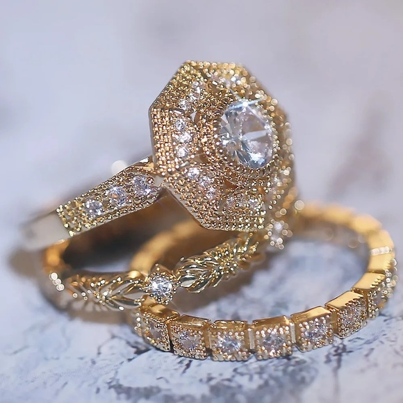 New Women’s 3pc/Set Yellow Gold Plated Diamond Ring - Picture 6 of 6